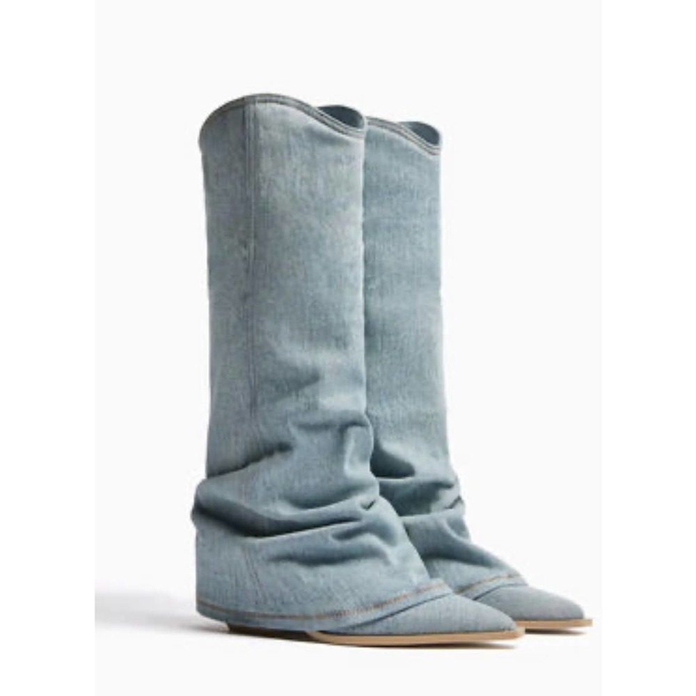 Bershka Denim Pointed Toe Layered Western Boots Size 41 NWT Blue - Picture 7 of 7